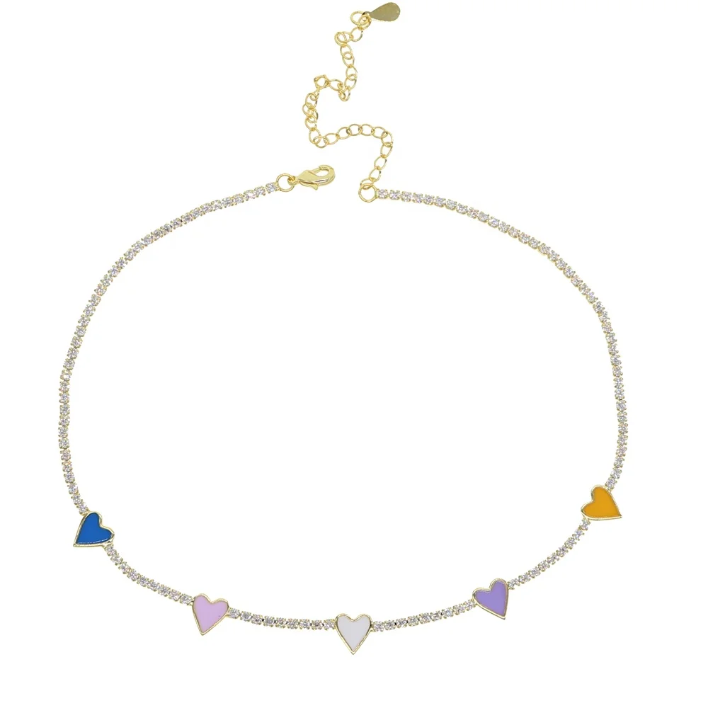 

cz tennis chain enamel colorful heart charm pastel choker necklace, Customized