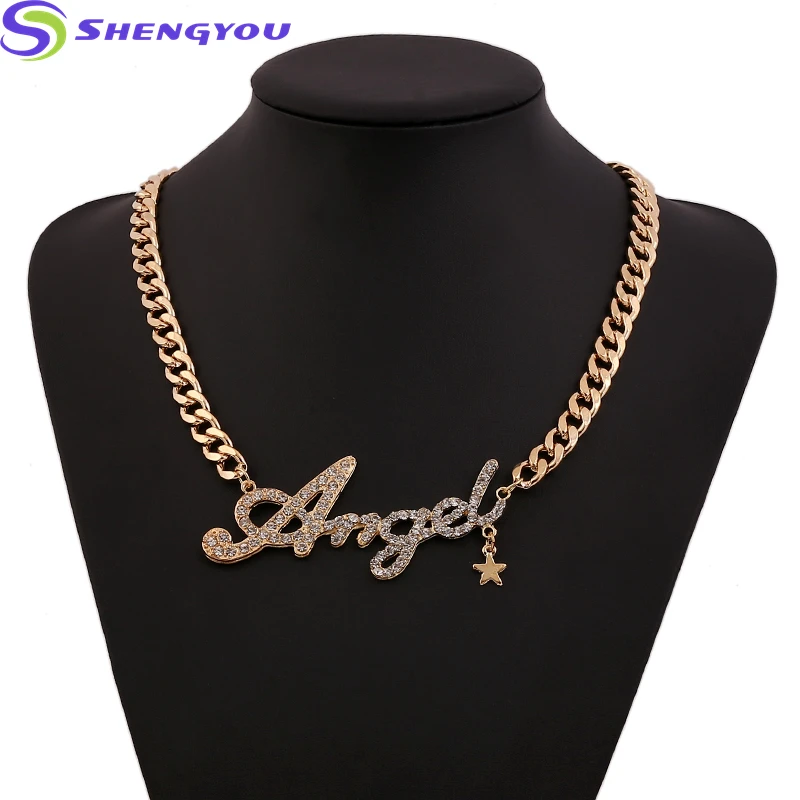 Hot Statement Necklace Crystal Paved Gold Chain Angel Letter With Star Name Necklace