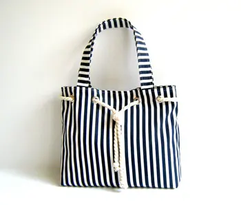 blue and white striped beach bag