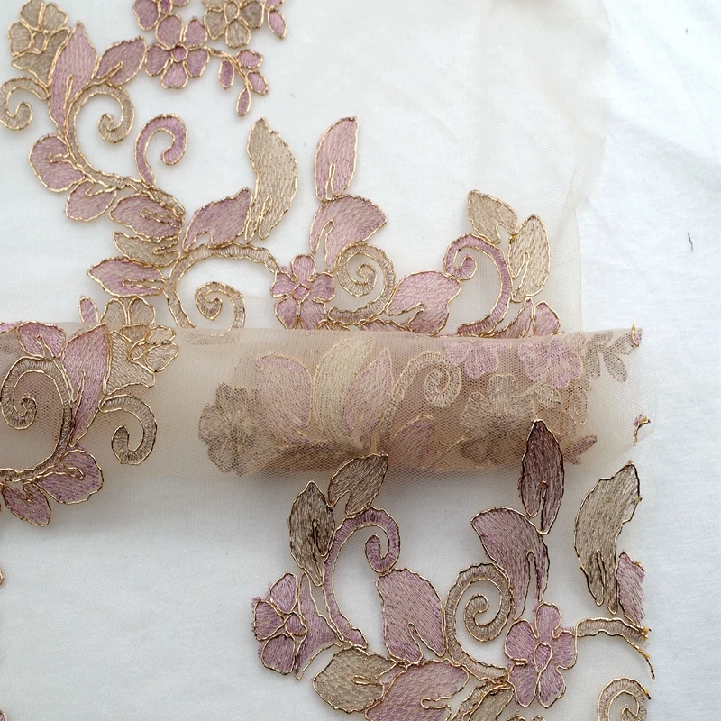 

high quality 2019 rose gold cord floral embroidered tulle lace fabric