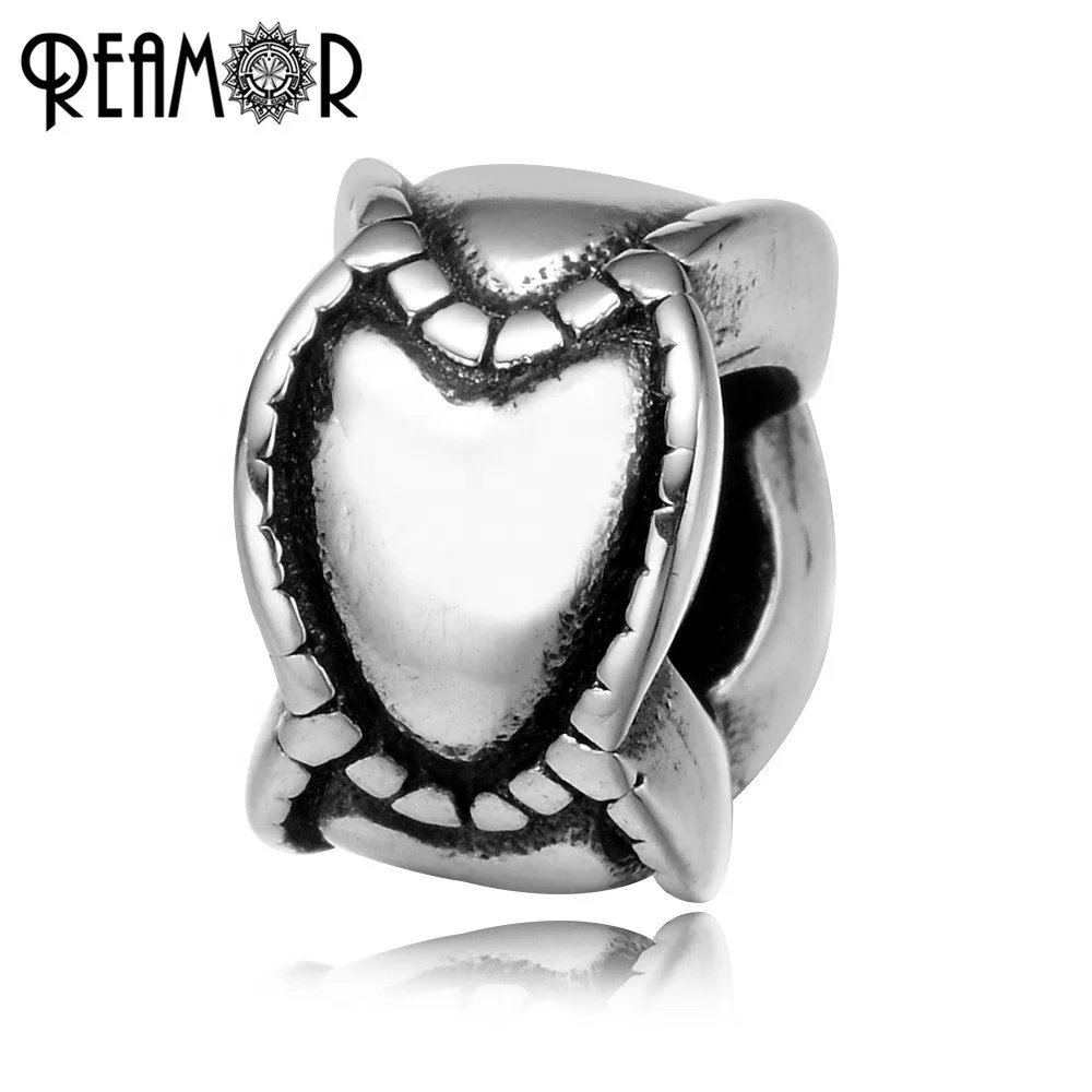 

REAMOR 10*7mm Cute 316l Stainless Steel Heart Ring European Big Hole Charm Pan Style Beads For DIY Women Bracelet Jewelry Making