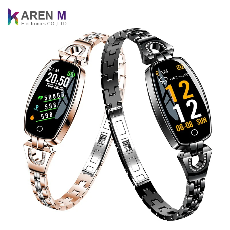 

2019 Women Lady Fashion Smart Wristband h8 Heart Rate Blood Pressure Smart Bracelet Fitness Tracker Smart Watch Band Female Girl, Black golden silver