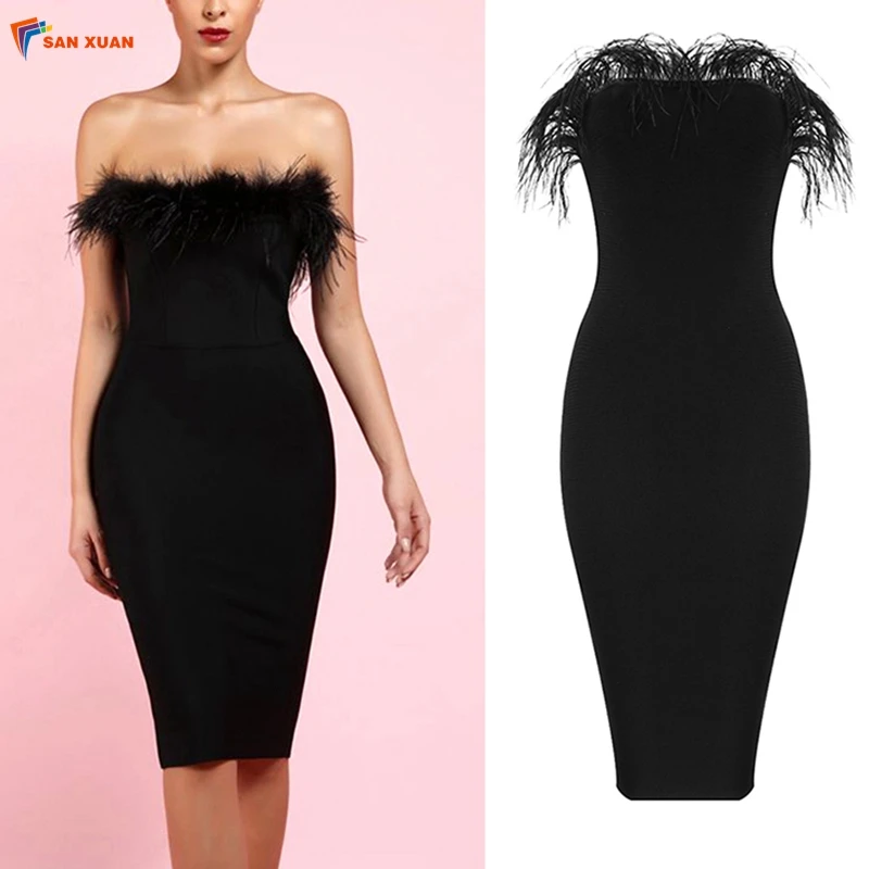 2019 fashion black feather decorated off shoulder boat neck slim velvet package hip close-fitting ladies elegant evening dress