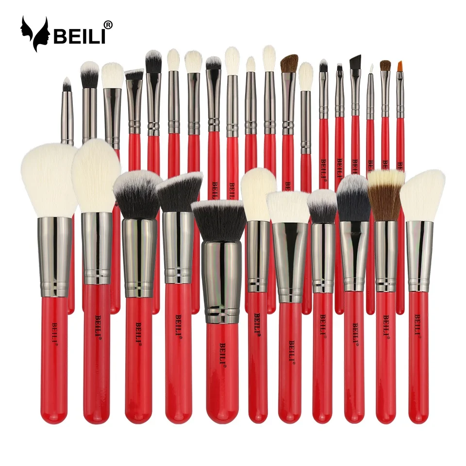 

BEILI Red 30 pcs make up brushes Natural goat pony hair Matte handle makeup brush set stock or Private label accepted