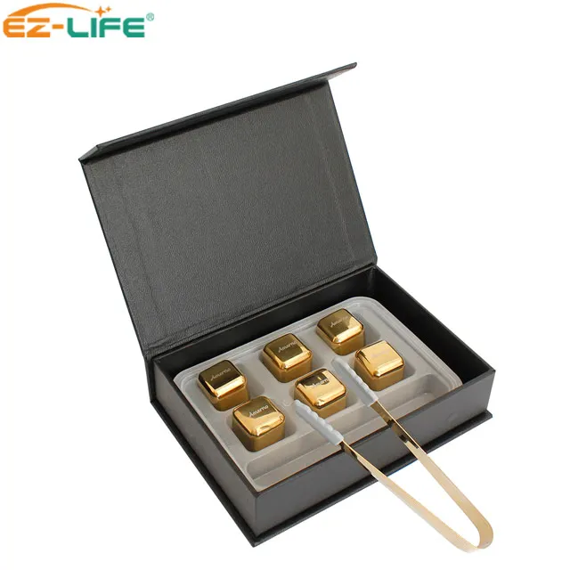 

New Product Ideas 2021 Stainless steel whiskey stones set gold metal reusable ice cube bar gift set, Golden