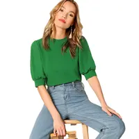 

Ladies Casual Green Puff Sleeve Keyhole Back Solid Top And Blouse Women 2019 Summer Workwear Half Sleeve Elegant Blouses