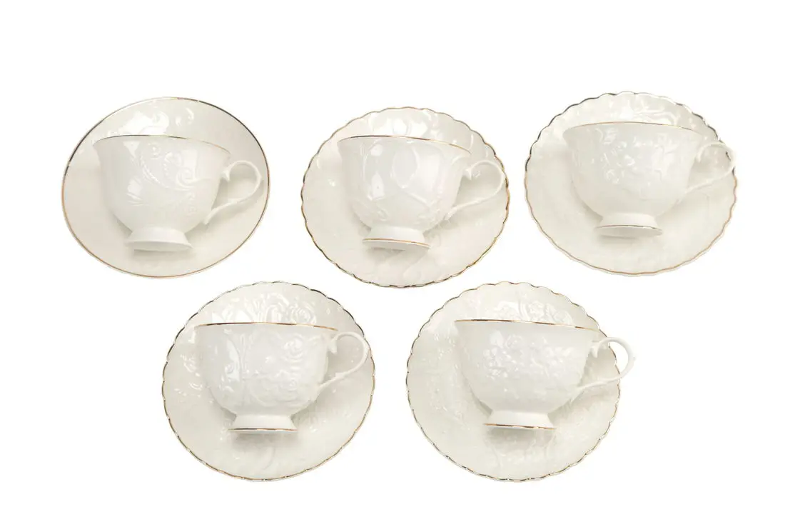 Embossed Design Gold Rim Bulk Ceramic Milk Tea Cups And Saucer Buy