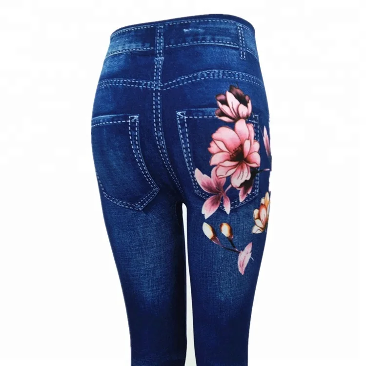 
Womens seamless print flowers sliming jeans legging jegging high elastic denim jean pants 
