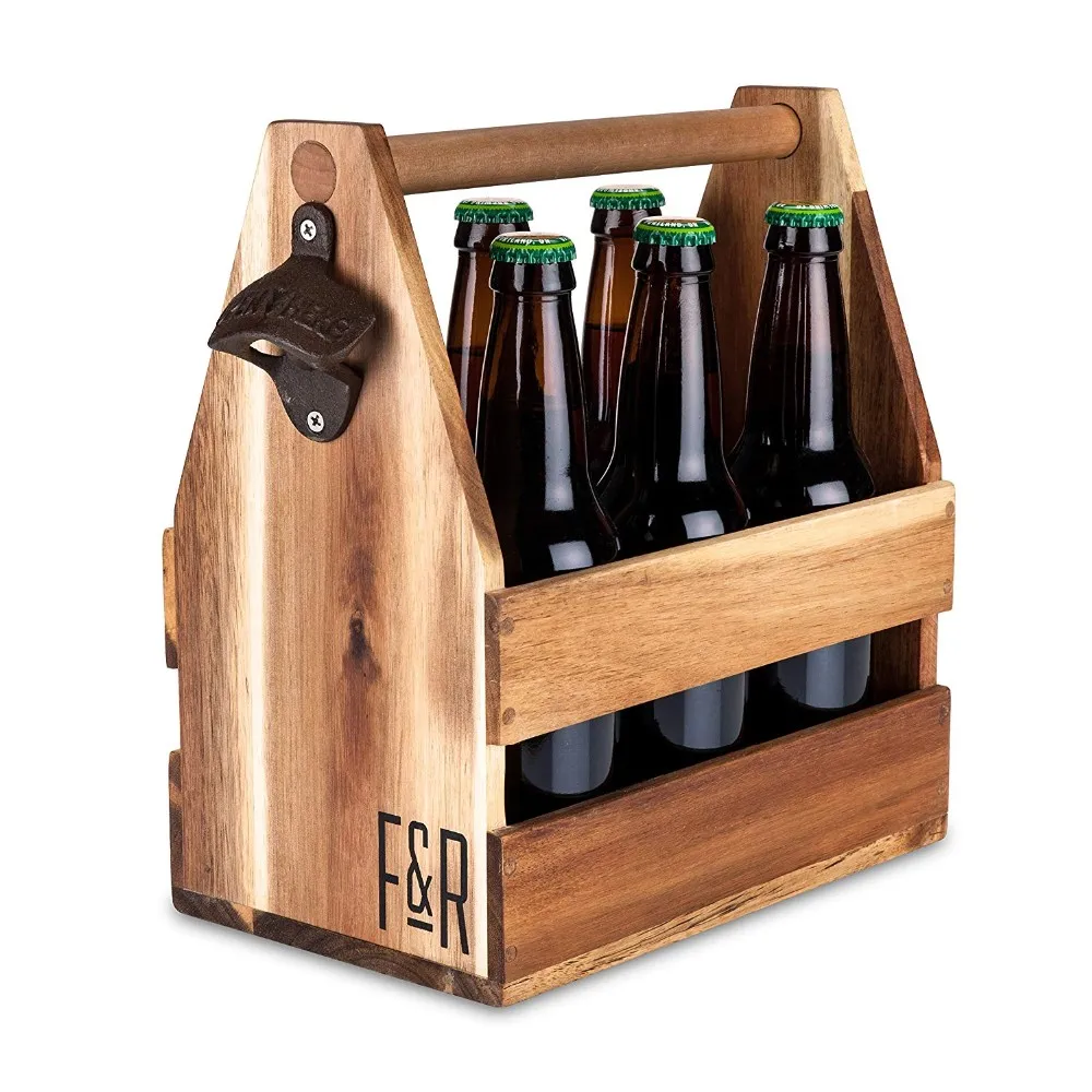 Vintage Handcrafted Wood Beer Carrier With Bottle Opener Attached