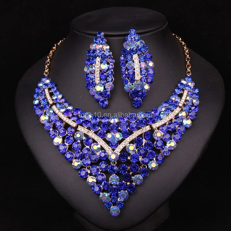 

Gorgeous Wedding Bridal Costume African Jewelry set Glass Rhinestone Statement Necklace Stud Earring Sets For Women Party Gift
