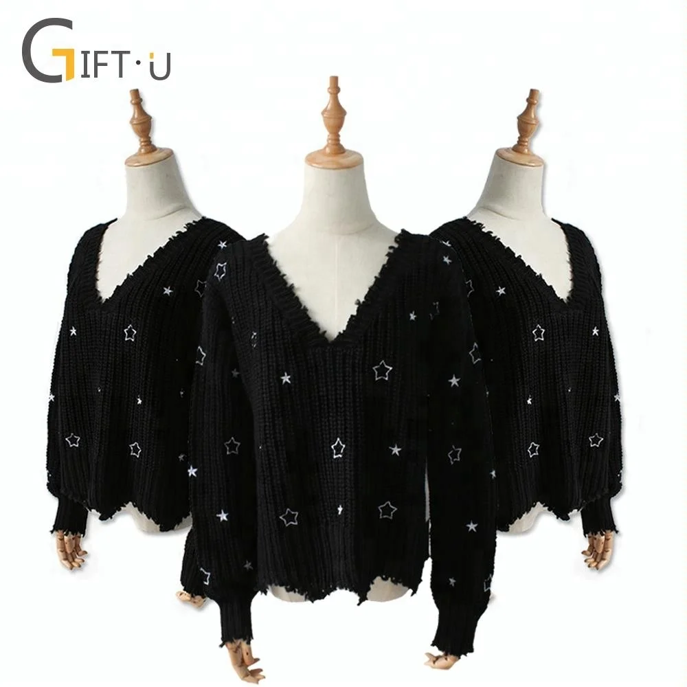 

Giftu 86008# New Style V-neck Women Pullover Sweater With Star Pattern
