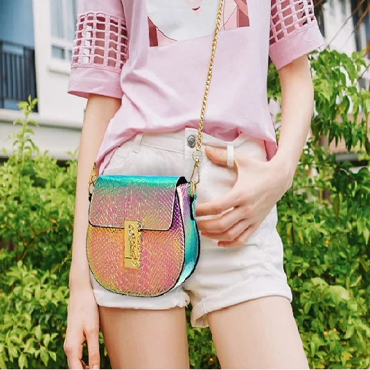 

PU hologram Laser Small Mini Flap Bag Women Messenger Bags Chain Serpentine Luxury Handbags Women Bags