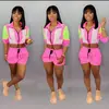 Fashion Summer Patchwork Long Sleeve 2 Piece Short Set Women Tracksuit OLY Y5105