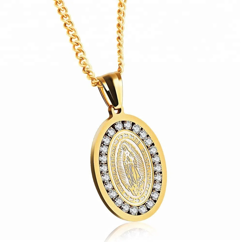 

316L Stainless Steel Jewelry Religion Necklace Our Lady Of Guadalupe Necklace 14K Gold Chain, White, gold