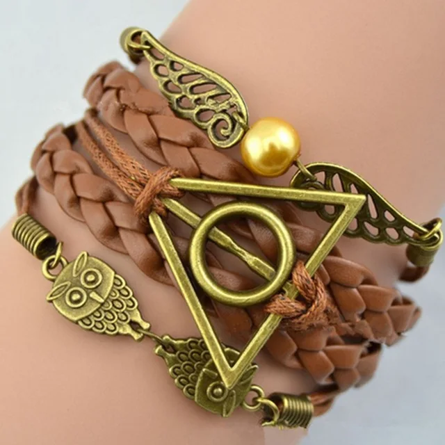 

Harrys Potter Deathly Hallows Golden Snitch and Owl Angel Wing Leather Bracelet, As picture shows