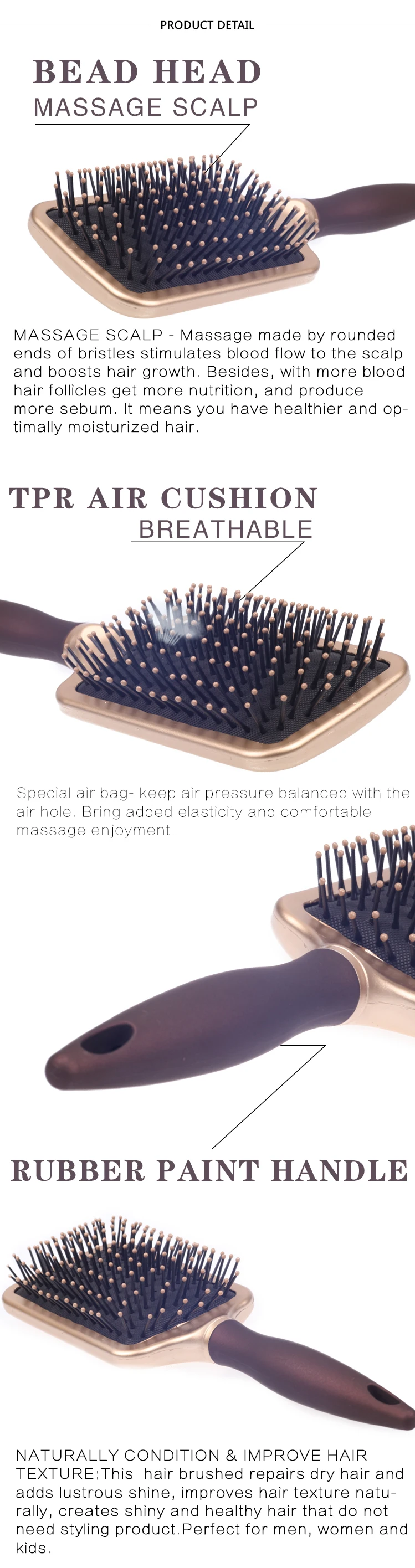 EUREKA 9594CEG-BR Large Square Paddle Cushion Hair Brush for All Hair Types Ball-Tip Nylon Pins Small Hairbrush