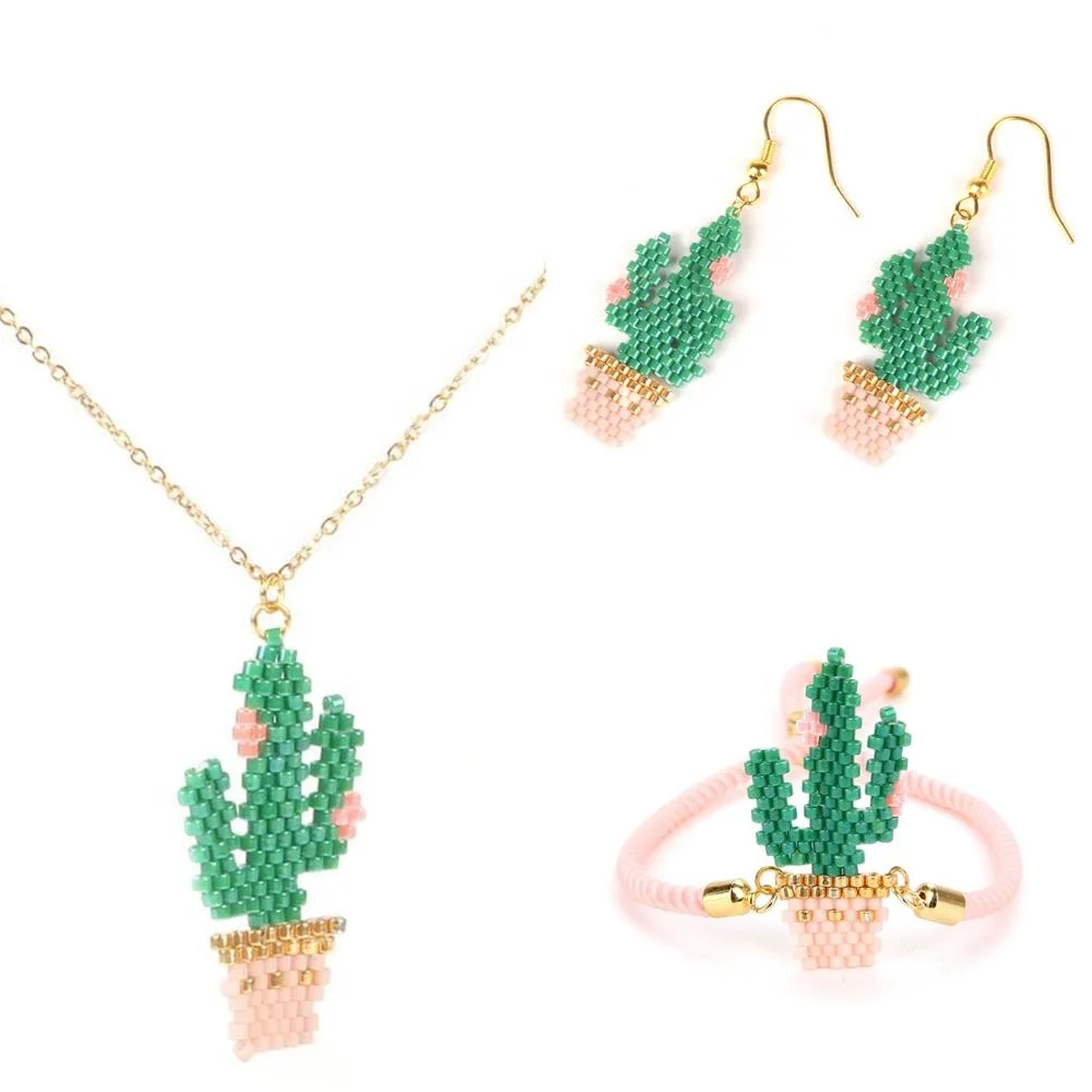 

MI-S180038 Moyamiya Miyuki delica seed bead cactus cacti woven jewelry set of necklace earrings bracelets mexican boho trending, As picture or customized
