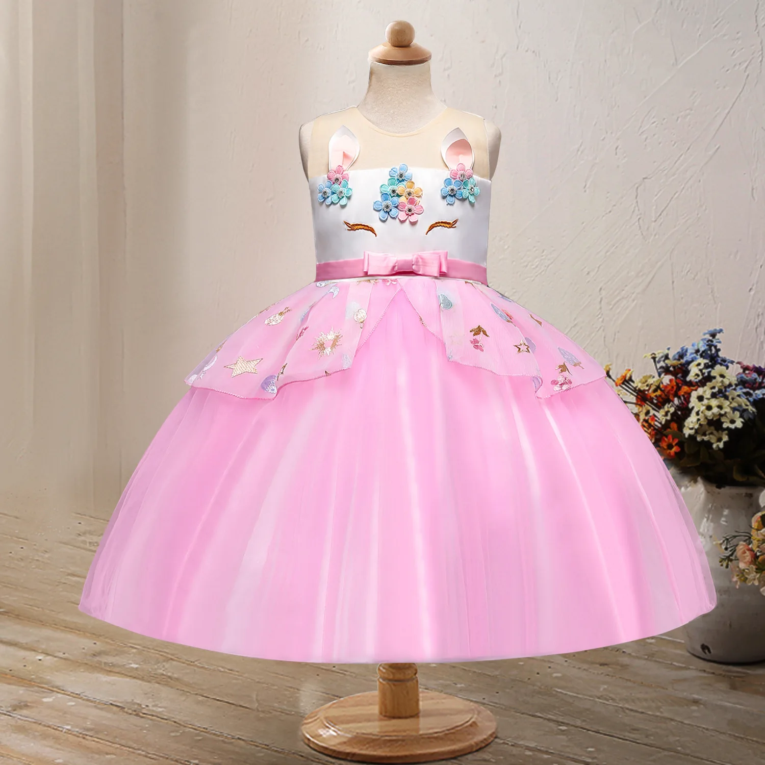 

Baby Embroidery Fancy Wedding Dress Unicorn Tulle Dress Ball Gown Flower Girl Wedding Party Dress