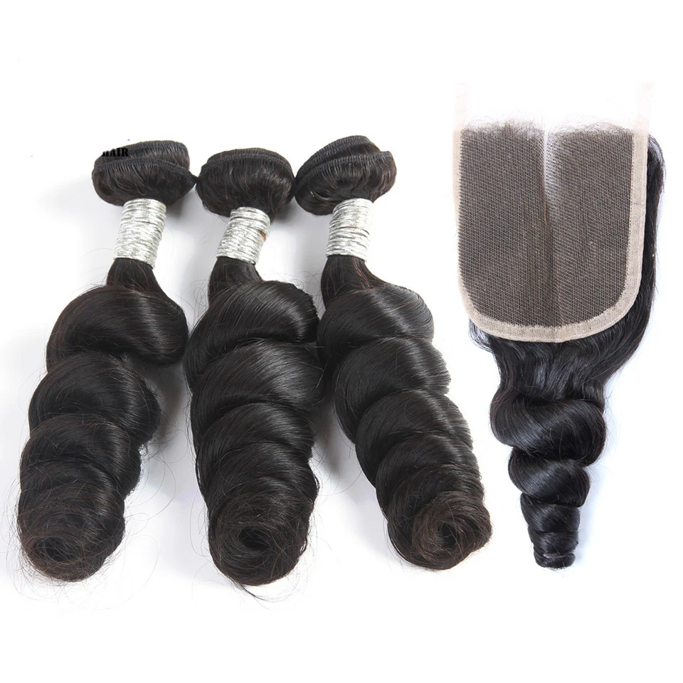 

Brazilian Virgin Human Hair Extensions Weave 3 remy human loose wave hair Bundles with lace closure