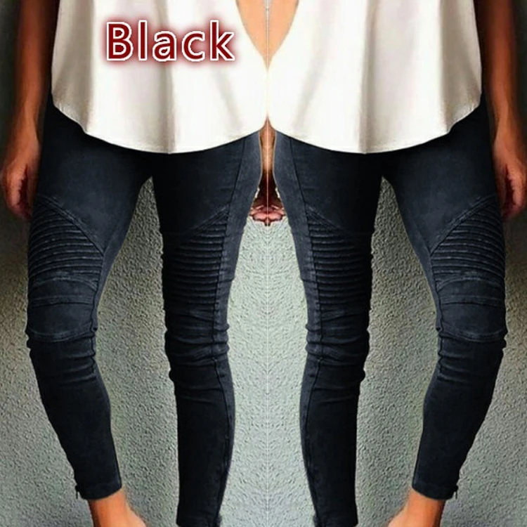 

European and American fashion high elastic drum jeans with zipper feet high waist pants, Black