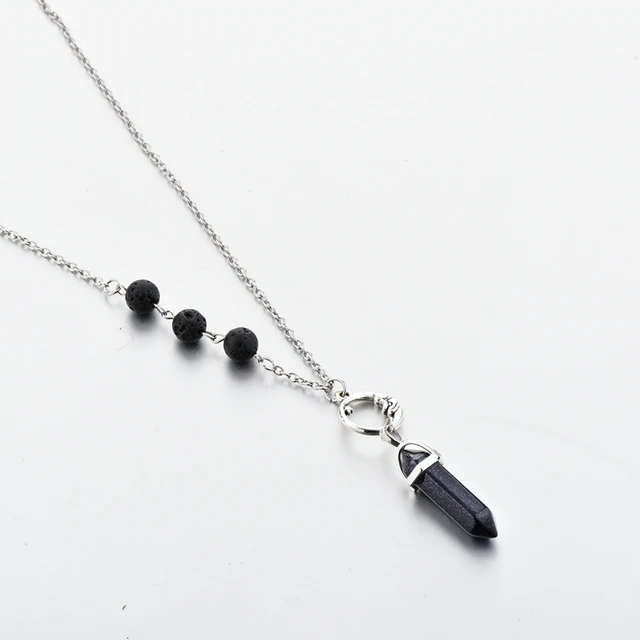 fashion lava stone hexagonal prism pendant with silver chain