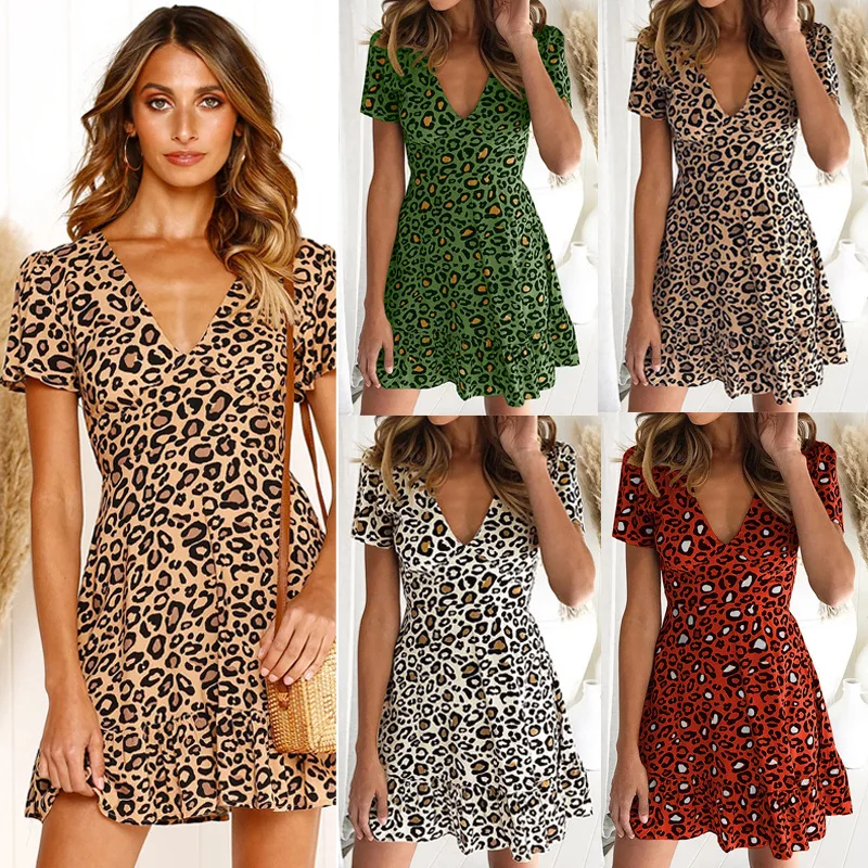 

Bohemia Designs Leopard Print Short Sleeve V Neck Ruffles Casual Summer 2019 Dress, White;khaki;red;green