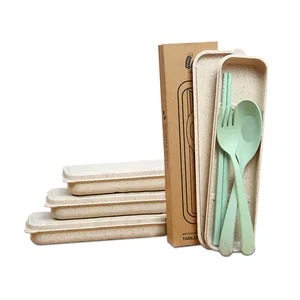 Image of Kids Adult Cutlery Set Spoon Fork Chopstick Camping Picnic Office Gift Portable Travel Wheat Straw Flatware Set