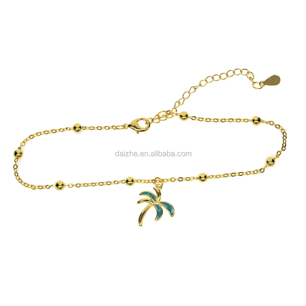 

18k gold plated blue enamel banana tree palm tree charm gold plated anklet