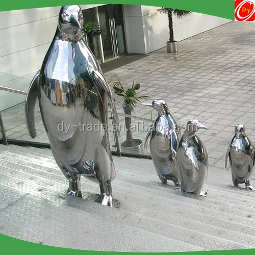Custom Mirrored Polished Metal Penguins Sculpture for Sale, Modern Animal Decor