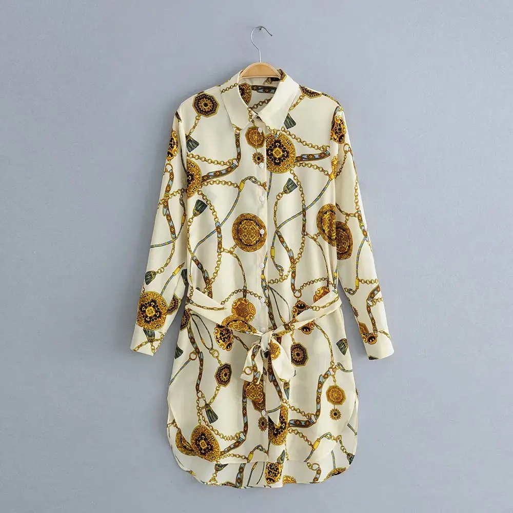 

Fashion chain print long sleeve shirt dress women spring outwear clothes