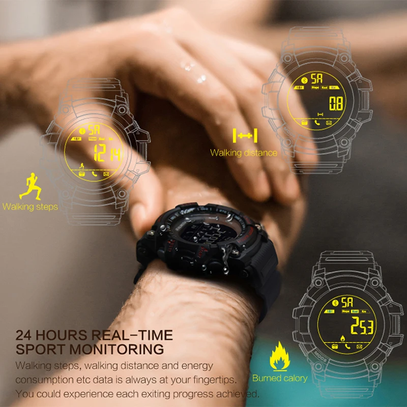 

Bluetooth Clock EX16 Smart Watch Notification Remote Control Pedometer Sport Watch IP67 Waterproof Men's Wristwatch, Black blue red gold