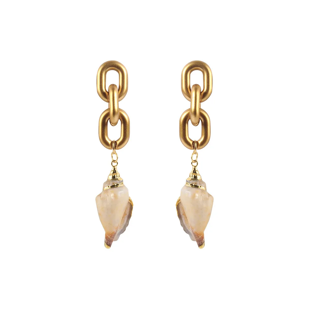 

2020 Fashion Gold Plated Edge Double Round Loop Shell Earring Link Chain Long Drop Conch Earring For Women
