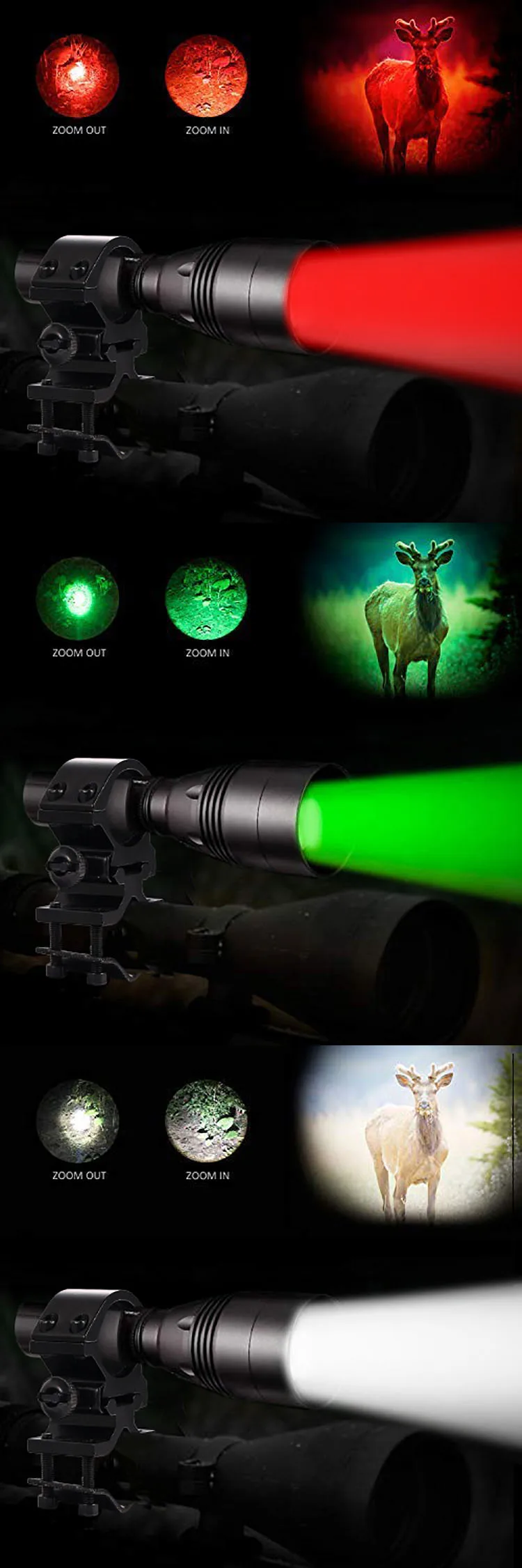 New Zoomable White Green Red Hunting Light Changeable Light Color Led