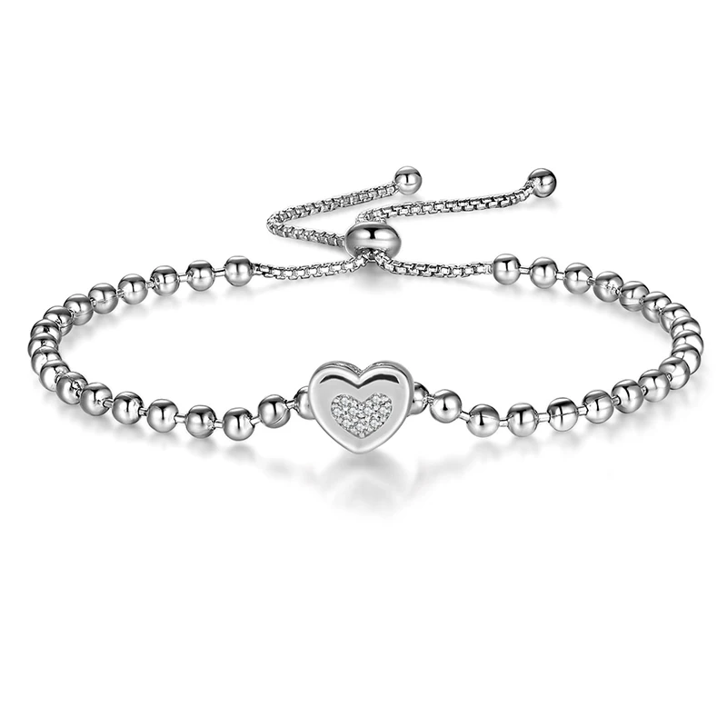 

BZA2-261A Wholesale Silver Heart Charm Bracelets Bead Ball Chain Adjustable Bracelets, Rhodium