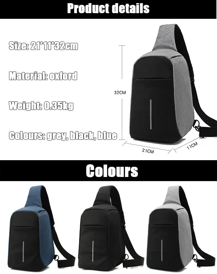 Designer lightweight waterproof outdoor anti thief unisex sport sling chest fanny pack satchel shoulder bag with USB charging