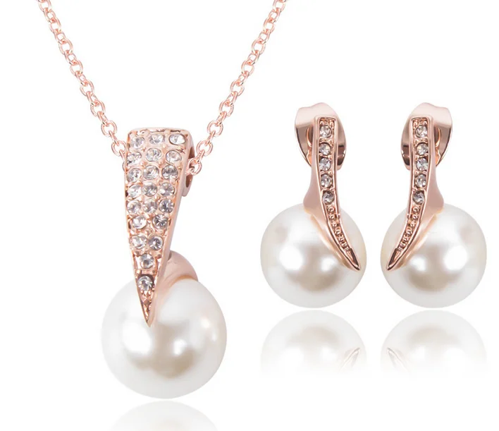 

Rose Gold Chain Bridal Wedding Jewelry Sets Pearl Shape Necklace Earrings Accessories