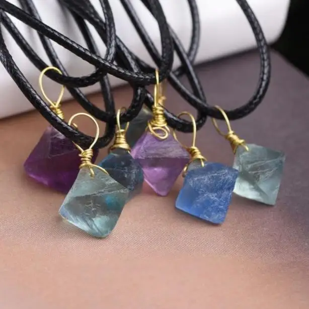 

Natural purple green blue Fluorite stone crystal Raw Crystal Octahedra Wrap Pendant For Necklaces, N/a