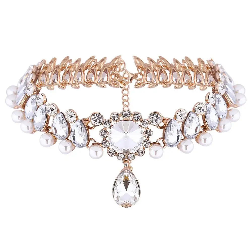 

Best Selling European Luxury Elegant Necklace Inlaid Pearl Crystal Diamond Collar Flower Fashion Drop-Shaped Pendant Necklace, As picture