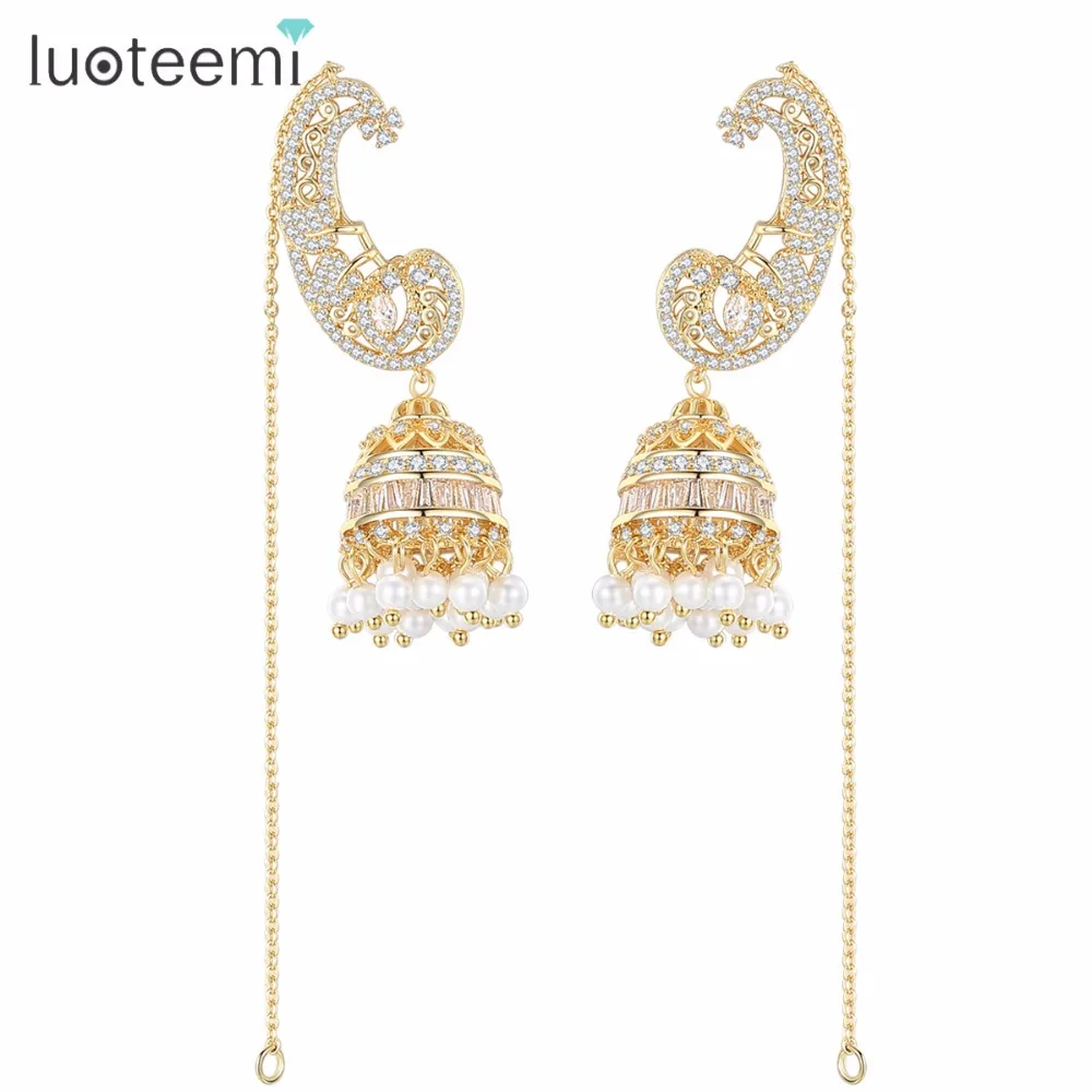 

LUOTEEMI Indian Style Religious Good Luck Meaning CZ Stud Earring Paved Many White Pearl&Long Chain For Women Anniversary Party