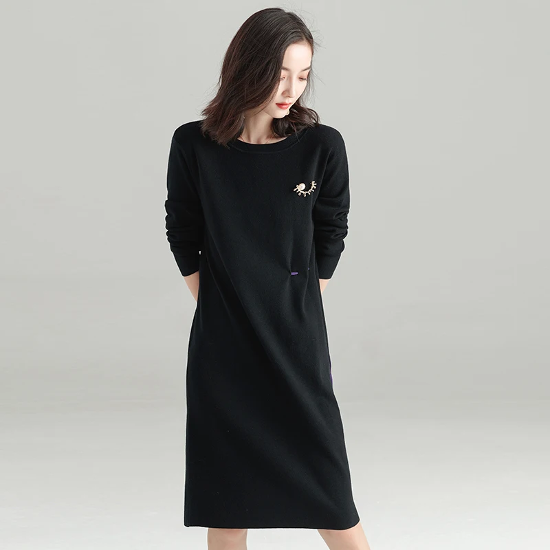 

Loose Casual Long Sleeve Round Neck Loose Korean Edition Medium-length Knitted Dresses, Picture