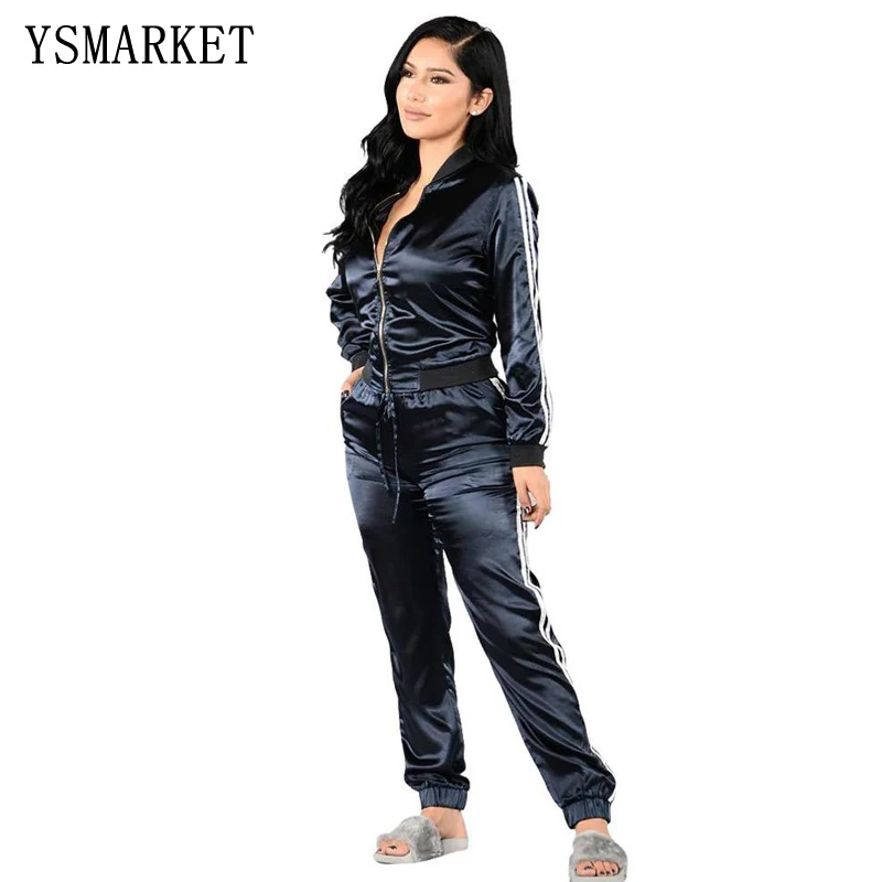 Casual Outdoor Women's Long Sleeve Striped Leisure Velour Zipper Up 2 Pieces Sport Tracksuit Set Sweatsuit With Pocket