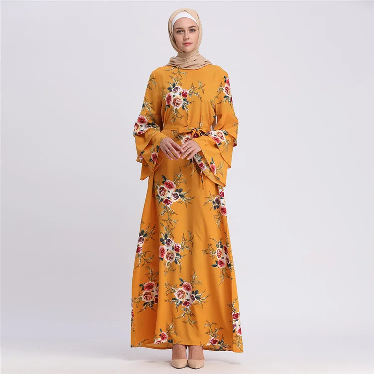 

2019 Top selling new fashion islamic hijab clothing turkish floral print muslim abaya dress, Yellow;wine red;khaki;black