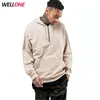 Wellone high quality pullover winter no brand fleece cotton half zip fashion man beige custom blank cheap hoodies