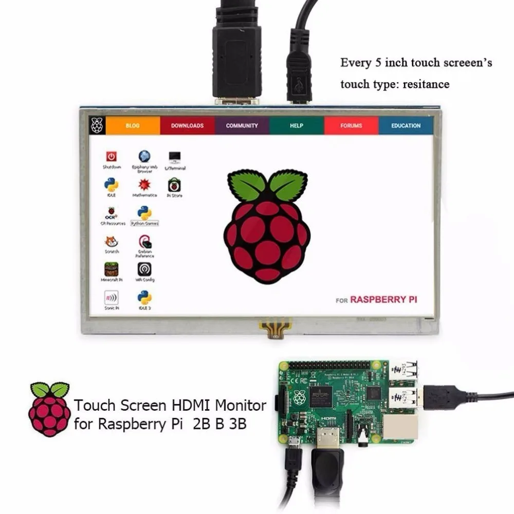 Raspberry Pi 3 5 inch Resistive Touchscreen LCD Module 800*480 Resolution