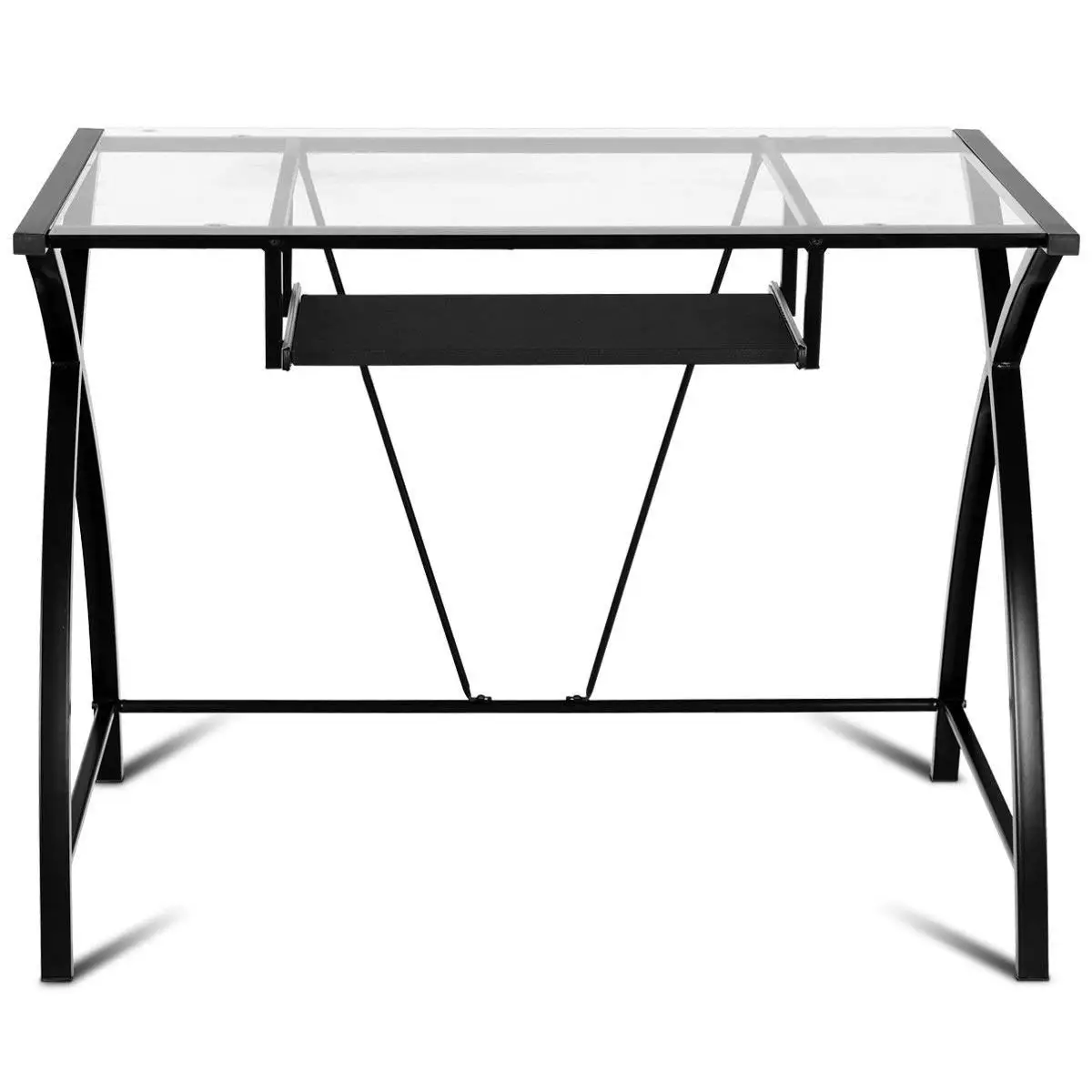New Clear Glass Top Computer Desk w/Pull-Out Keyboard Tray Home Office Furniture