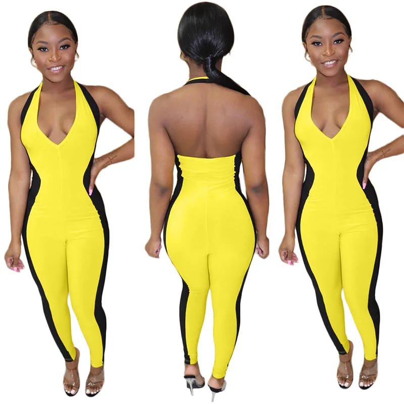 

Casual Halter Deep V Neck Jumpsuit Colorblock Fashion Jumpsuit, N/a