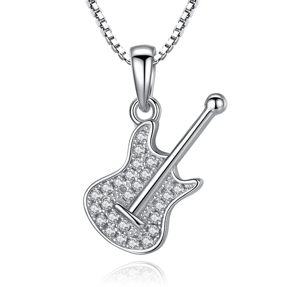 

Hot Sales 925 Sterling Silver Necklace Cute Funny Guitar Design Pendant Necklace with Clear Zircon Jewelry for Women Gift