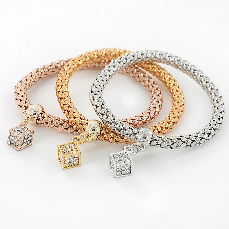 

3Pcs Trendy Multilayer Metal Colorful Cubic Crystal Rhinestone Popcorn Chain Stretch Bracelet, Silver, gold , rose gold