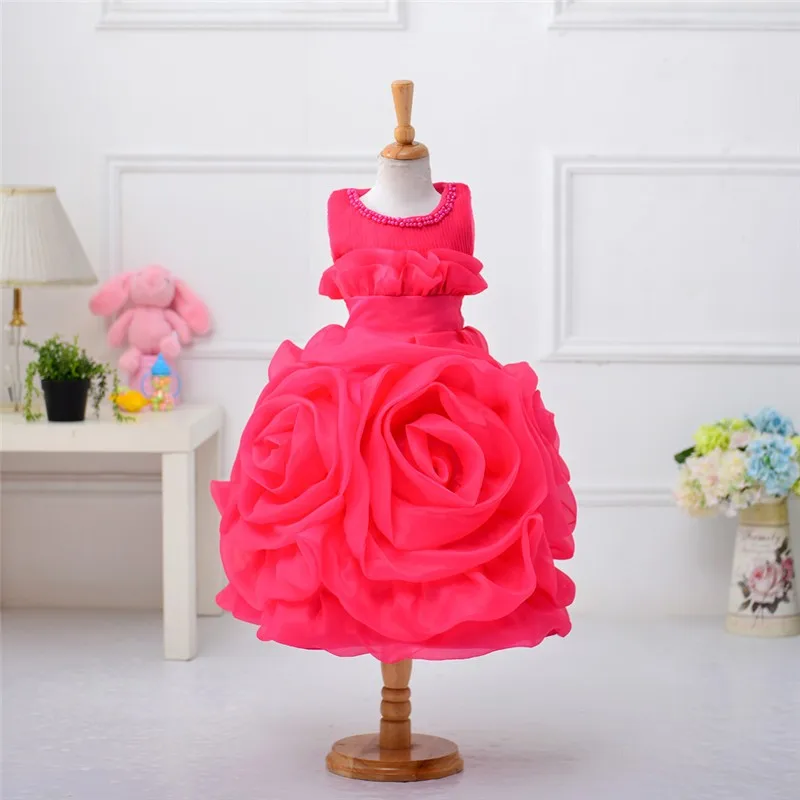 

New Fashion Kids Costumes Rose Ruffle Baby Girls Party Frock Designs Child Evening Dress 88#, Pink;yellow;hot pink;purple;red;white