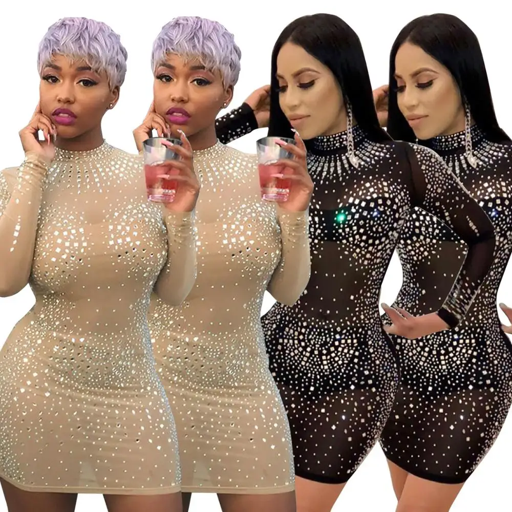 

MN164 wholesale women sexy mesh transparent rhinestone clubwear bandage bodycon night club dress